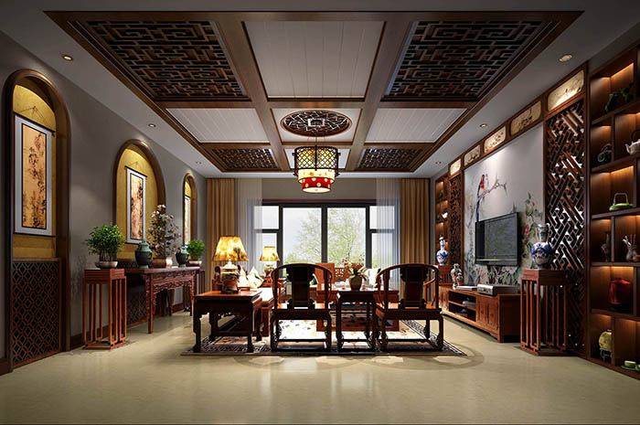 客廳里擺放的托你圈椅以及電視背景墻用隔花作為配飾