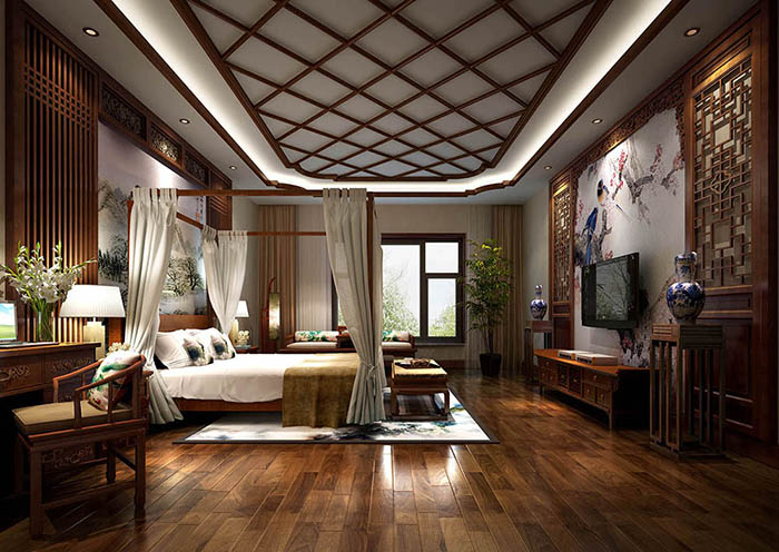 臥室里黑酸枝家具以及大床的運(yùn)用烘托出一種氣氛