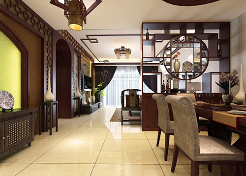 餐廳和客廳用隔扇門分開的兩個區(qū)域