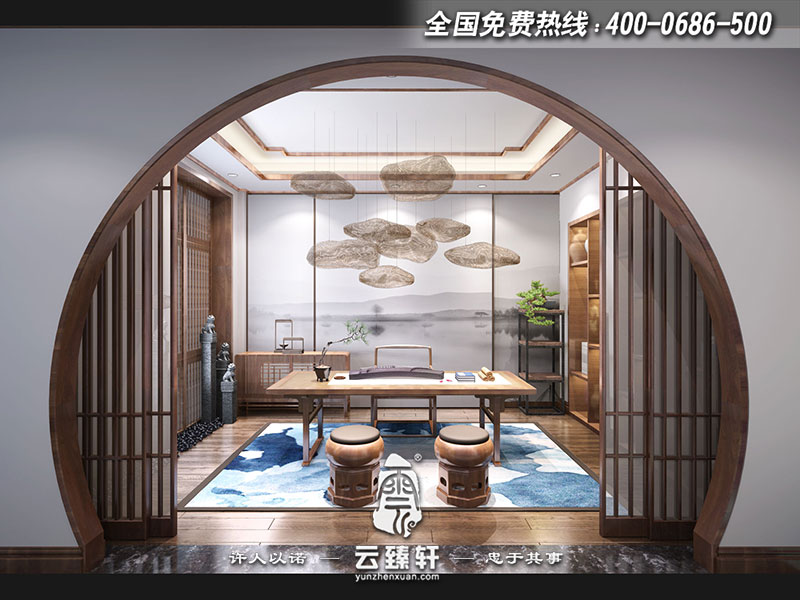 圓光罩形式的中式別墅書(shū)房設(shè)計(jì)效果圖